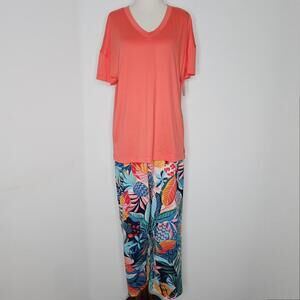 NWOT Cuddl Duds Women's Coral/Blue Tropical 2 Piece Set-Pajamas/Pants Size Small